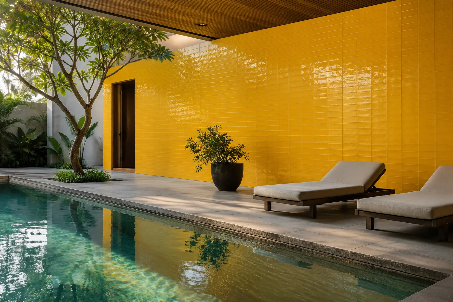 Conceptual Rendering of a Yellow porcelain tile in pool area