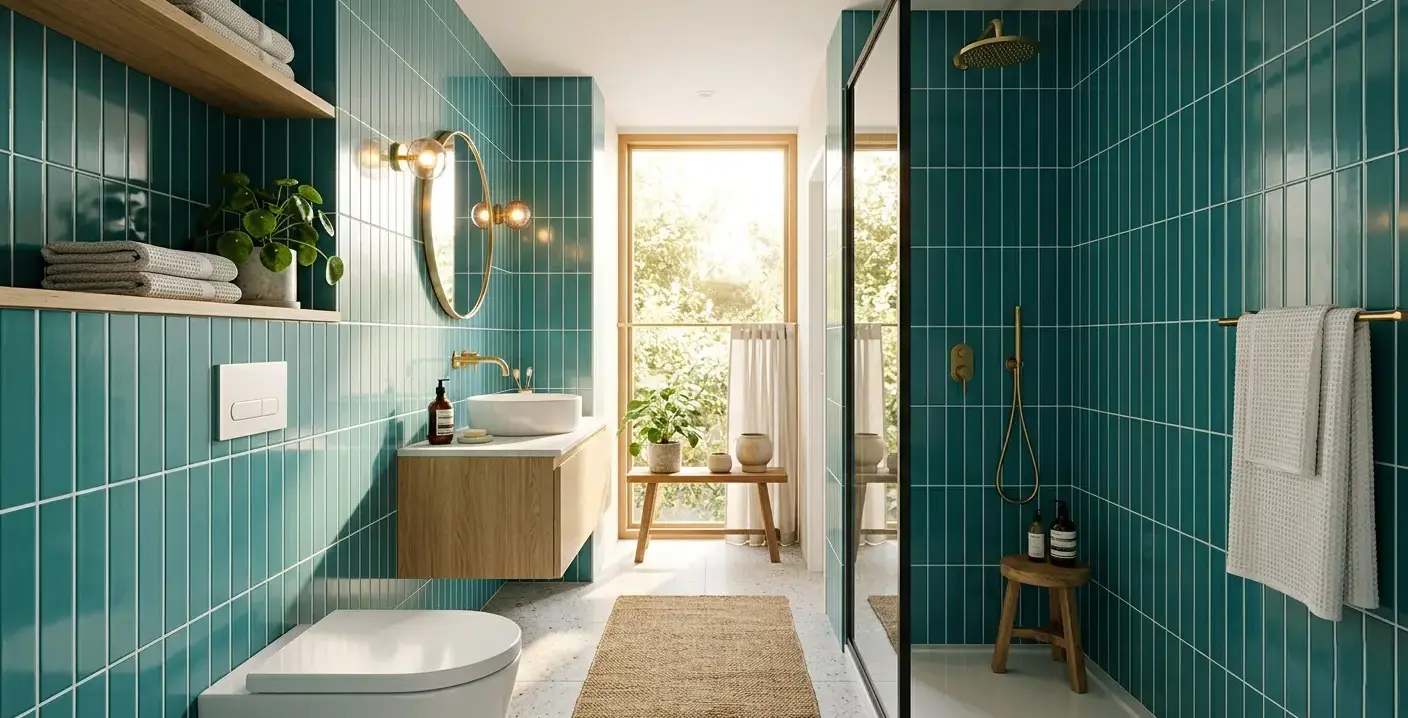 Conceptual rendering of teal porcelain tile vertical stack layout in narrow bathroom with white fixtures