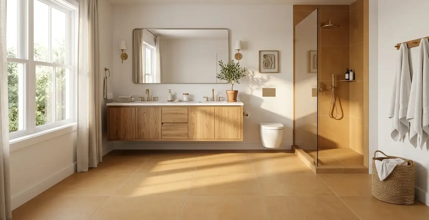 Conceptual rendering of a matte amber porcelain tile bathroom floor paired with a natural oak vanity and soft white walls
