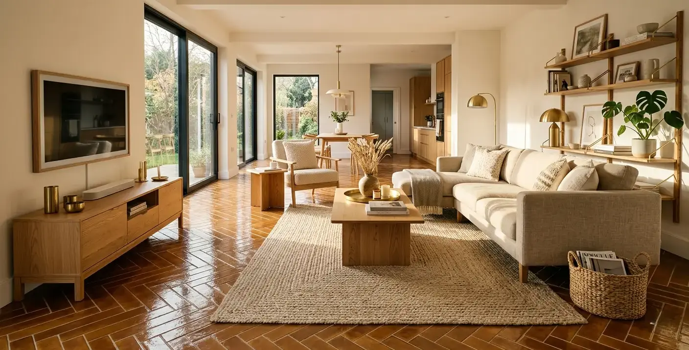 Conceptual rendering of a herringbone amber porcelain tile floor in a modern living room with warm brass accents and natural oak furniture