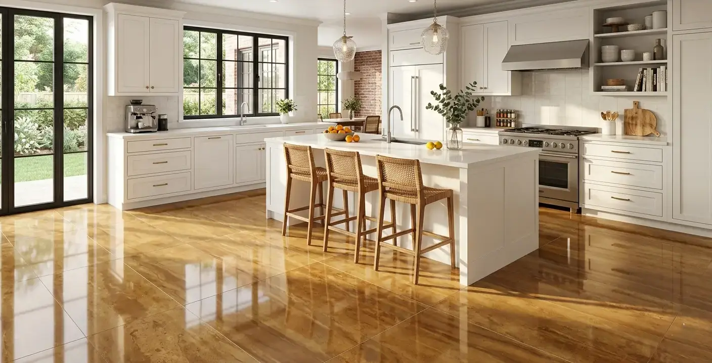 Conceptual rendering of a large-format polished amber porcelain tile kitchen floor with stone-look tonal variation and white cabinetry