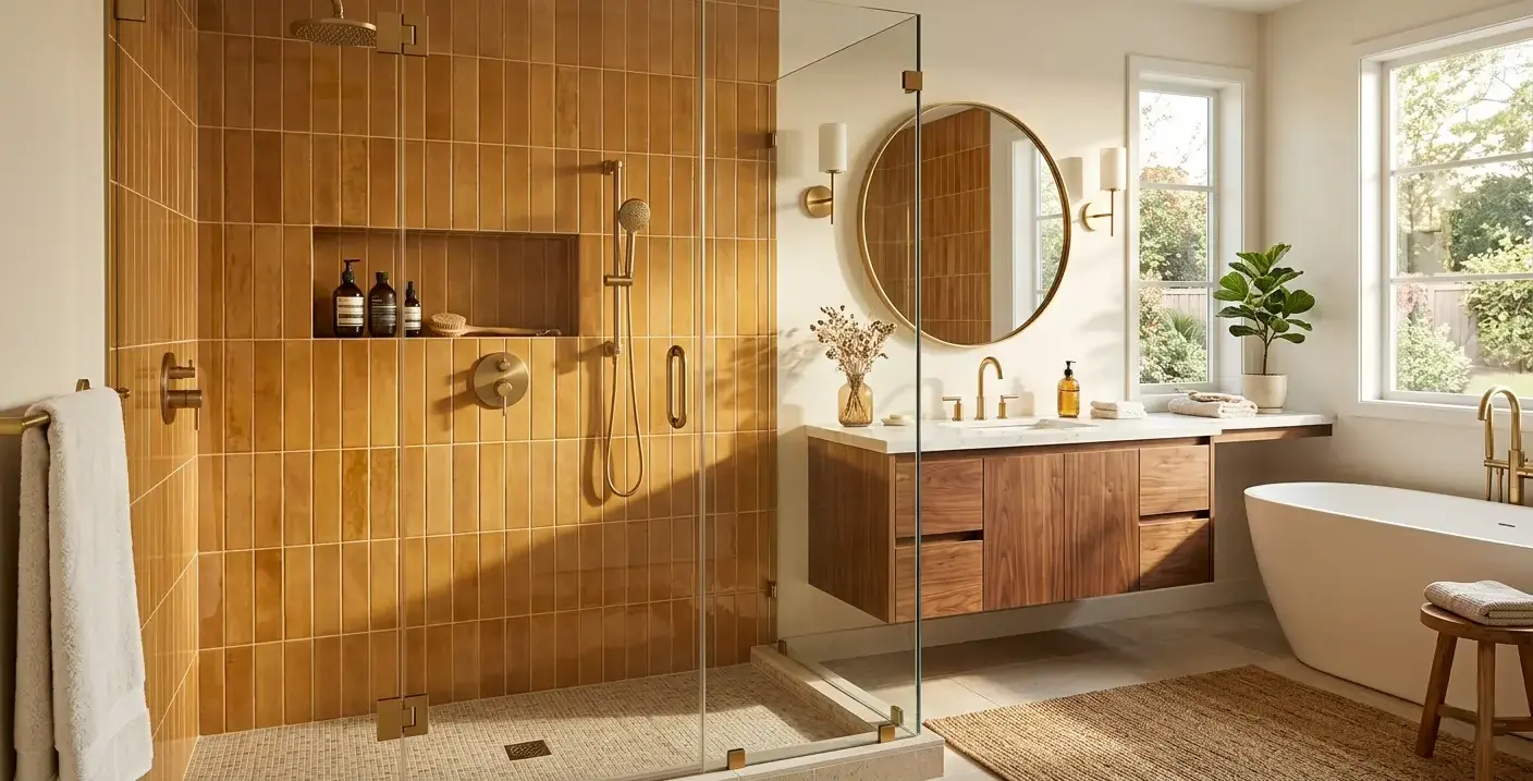 Conceptual rendering of a vertical stacked amber porcelain tile shower wall in a modern bathroom with warm brass fixtures