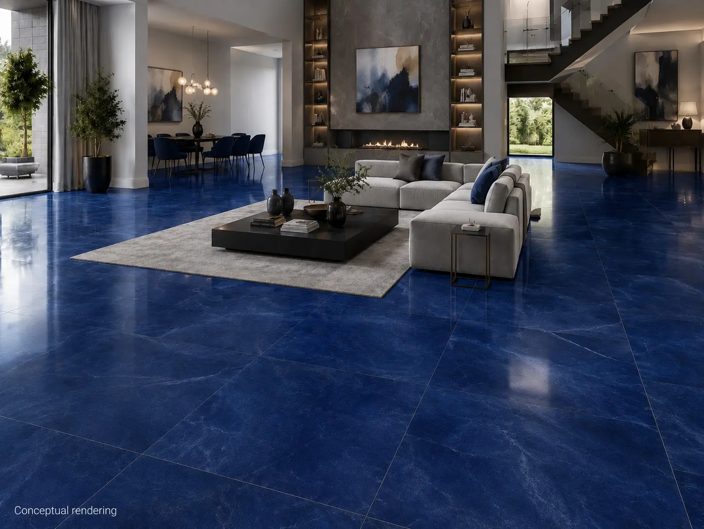 Conceptual rendering of luxury modern interior featuring glossy cobalt porcelain tile flooring