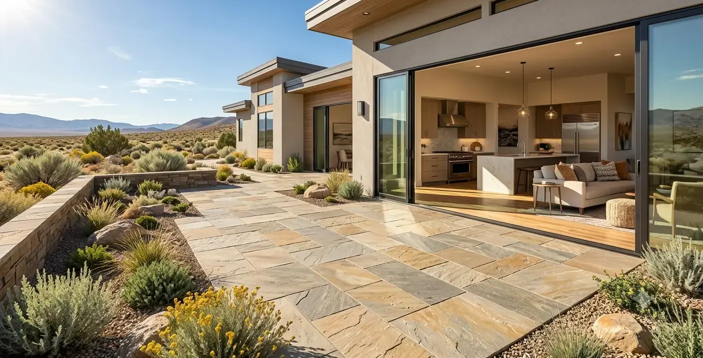 Conceptual rendering of a quartzite outdoor patio surface in a Fernley new build surrounded by desert landscaping under full afternoon sun