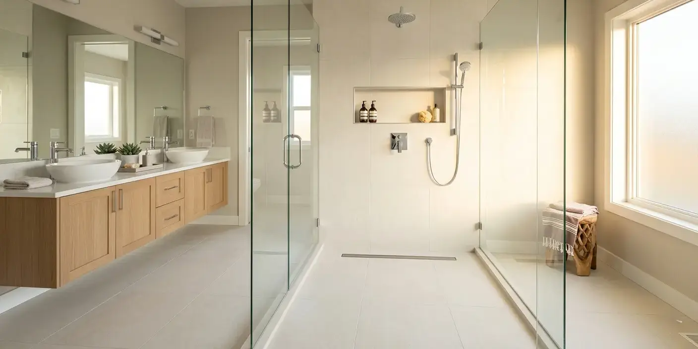 Conceptual rendering of a porcelain tile shower floor in a new construction bathroom with tight grout joints and a light neutral palette