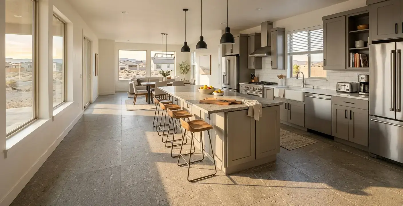 Conceptual rendering of a honed granite kitchen floor in a Fernley new construction home with warm gray tones and textured matte surface finish.