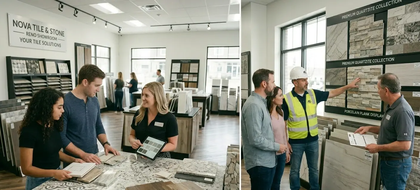 Conceptual rendering of material selections and reviewing design layouts with consultants inside the Nova Tile and Stone Reno showroom