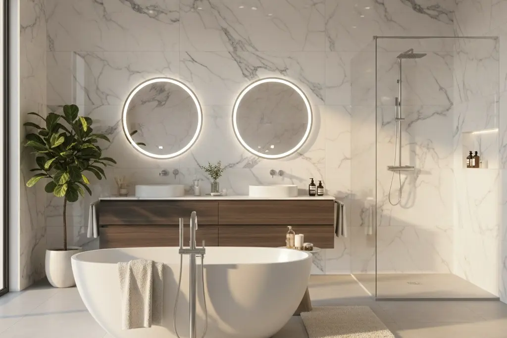 Luxury bathroom featuring large-format porcelain wall tiles in marble look