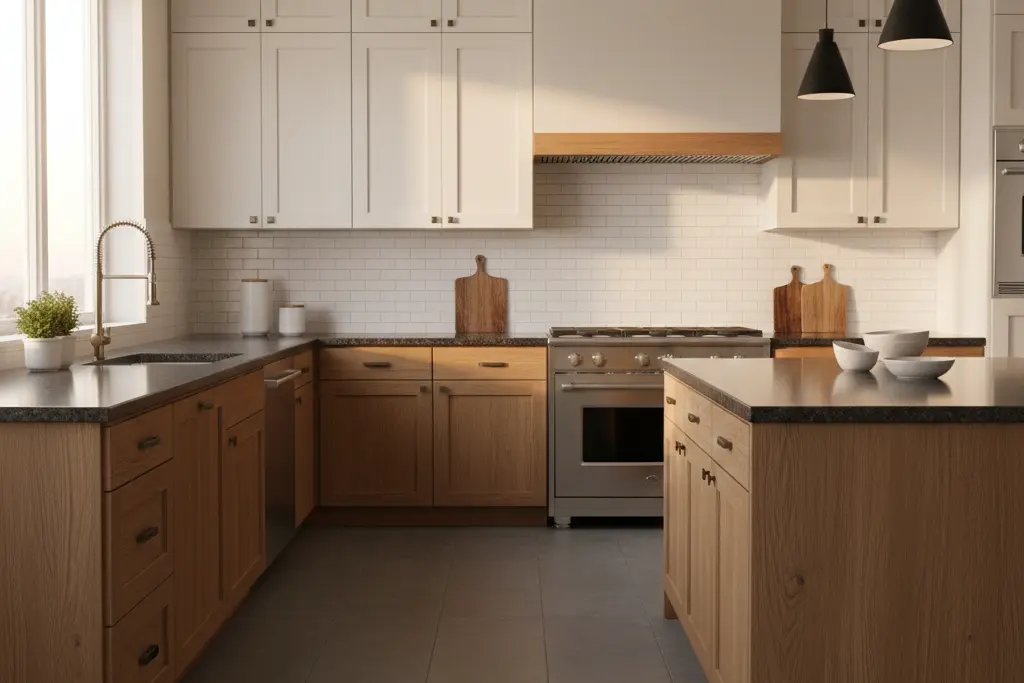 White subway tiles kitchen backsplash with large-format floor tiles