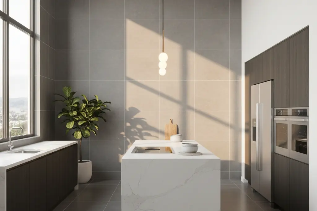 Grey large-format porcelain tiles installed in contemporary kitchen space