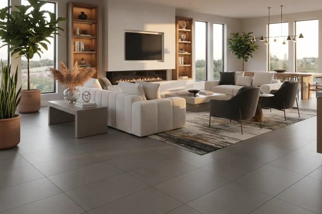 Grey matte porcelain floor tiles in contemporary living space