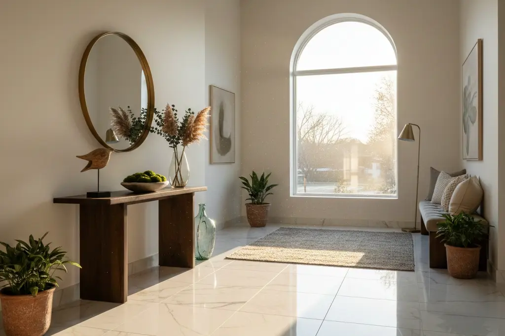 Sustainable marble-look porcelain tiles in elegant entryway
