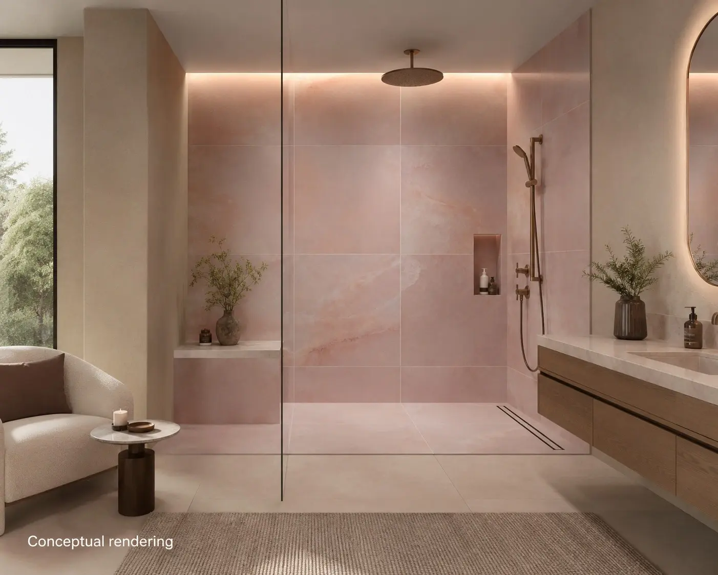Conceptual rendering of luxury shower room featuring coral porcelain tile walls in a modern high-end bathroom interior