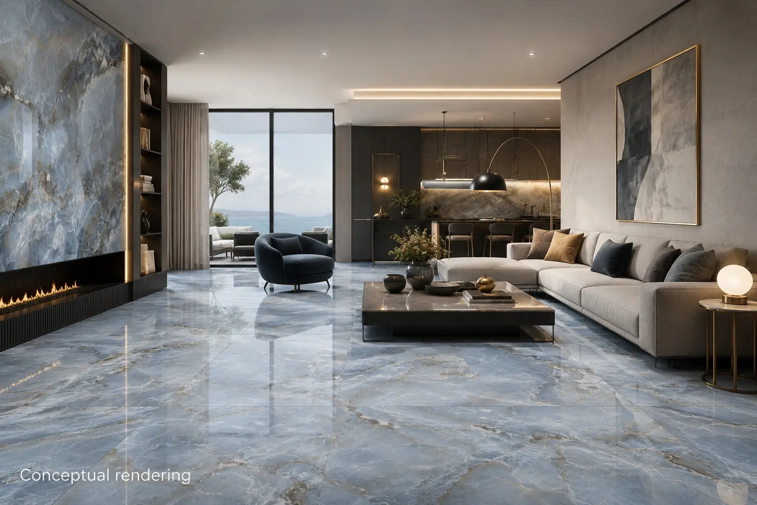 Conceptual rendering of luxury modern interior featuring premium coral porcelain tile flooring