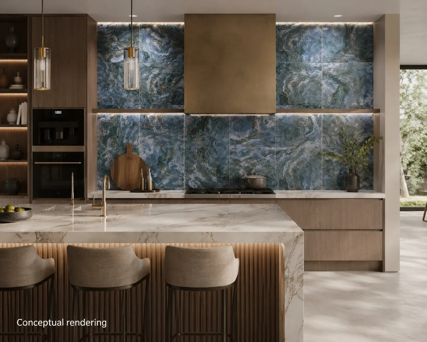 Conceptual rendering of kitchen featuring coral porcelain tile backsplash in a modern high-end interior