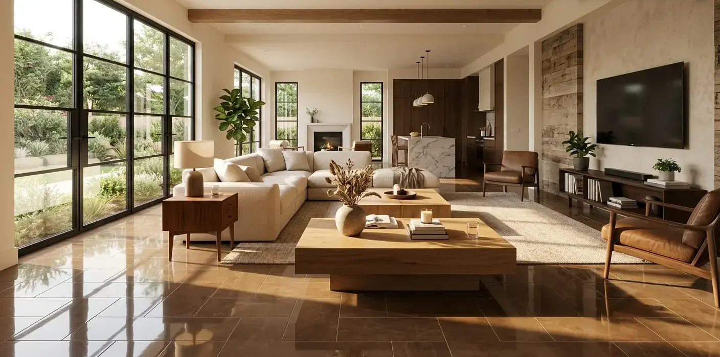 Conceptual rendering of a living room featuring 12x24 coffee porcelain tile in an offset brick-joint layout with a polished finish