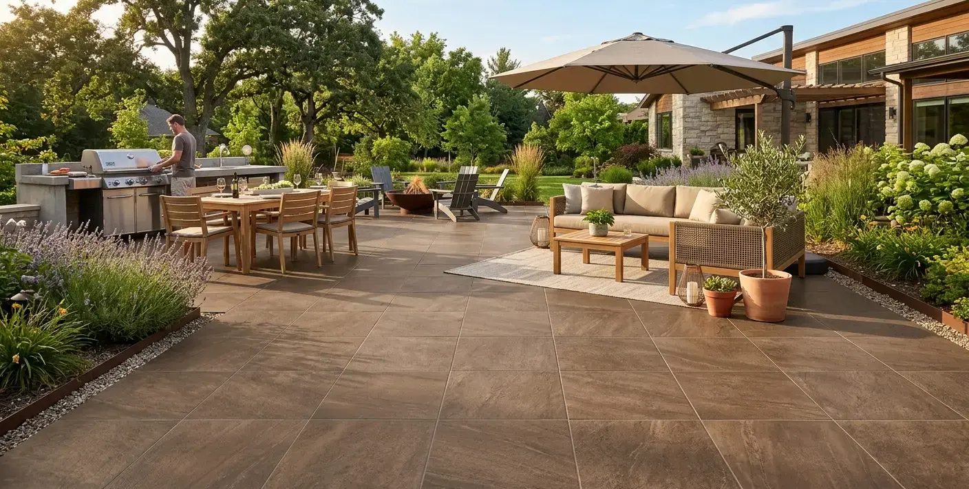 Conceptual rendering of an outdoor patio using frost-rated coffee porcelain tile in a natural stone-look finish with a stacked grid pattern