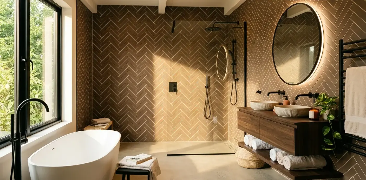 Conceptual rendering of a bathroom with coffee porcelain tile set in herringbone pattern, paired with cream grout and matte black fixtures