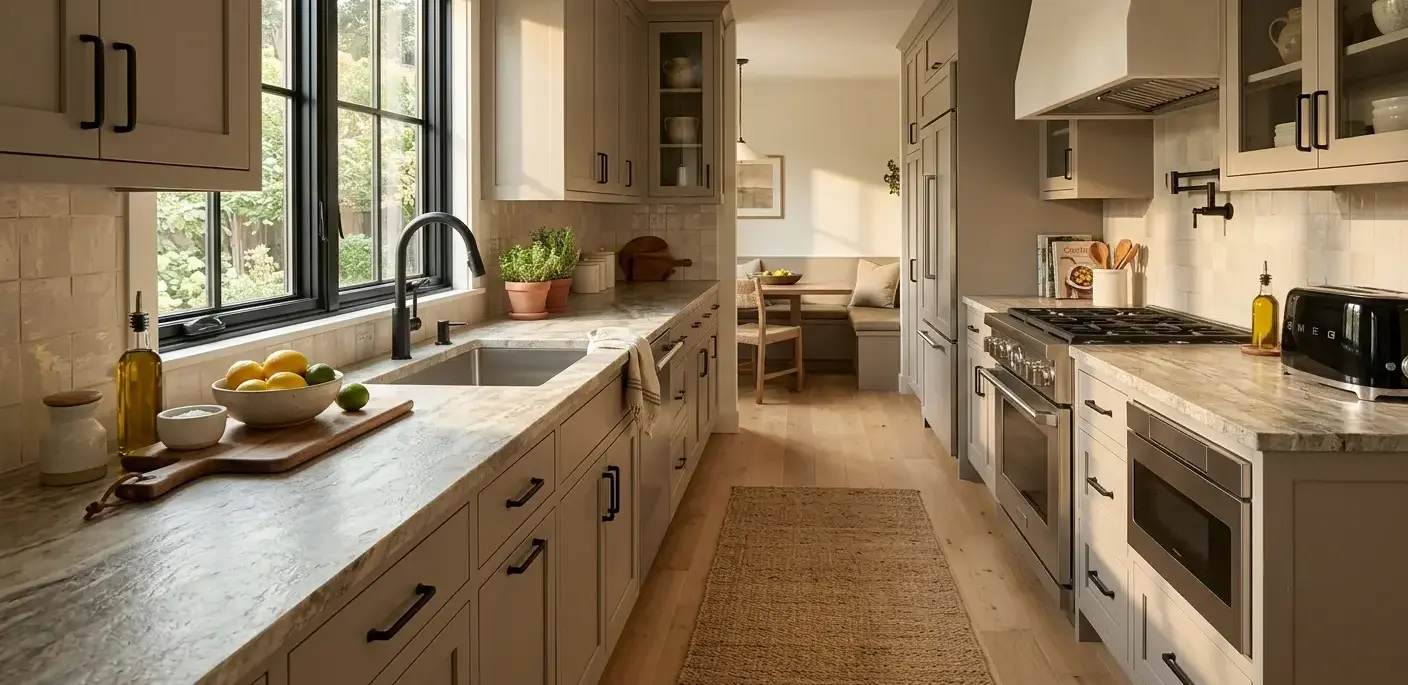 Conceptual rendering of a leathered quartzite kitchen countertop with neutral tones beside modern shaker-style cabinetry