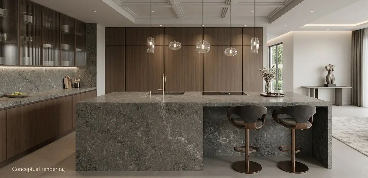 Conceptual rendering of luxury kitchen featuring a grey quartz slab available at Nova Tile and Stone Reno, NV showroom