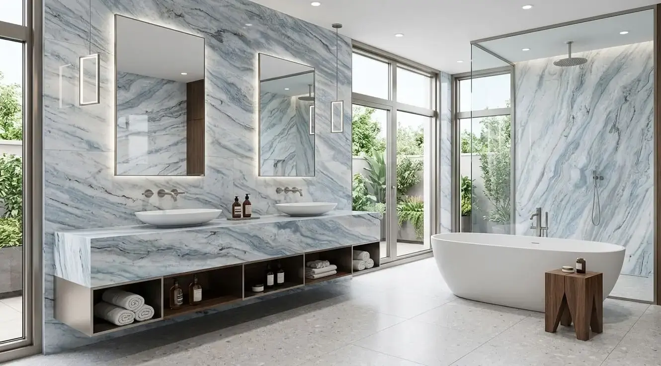 Conceptual rendering of luxurious bathroom with Sky Blue quartzite walls and countertop at Nova Tile and Stone, Reno NV