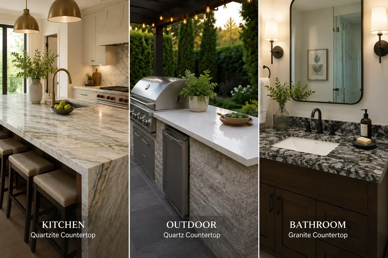 Conceptual rendering of side-by-side quartzite kitchen island, quartz outdoor countertop, and granite bathroom vanity with contrasting slab colors at Reno, NV