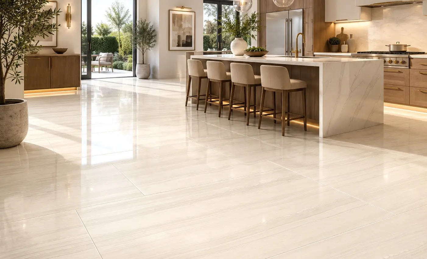 Conceptual rendering of modern kitchen featuring elegant porcelain tile flooring with seamless installation at Reno, NV