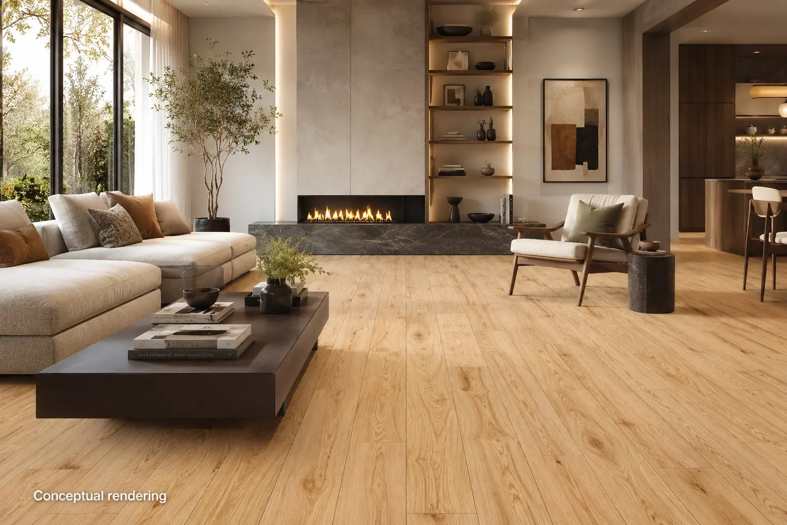 Conceptual rendering of living room featuring premium hardwood porcelain tile flooring at Reno NV