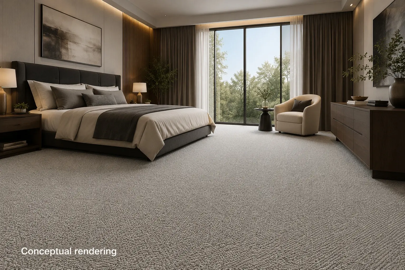 Conceptual rendering of bedroom featuring premium carpet flooring with elegant furnishings and contemporary decor at Reno NV