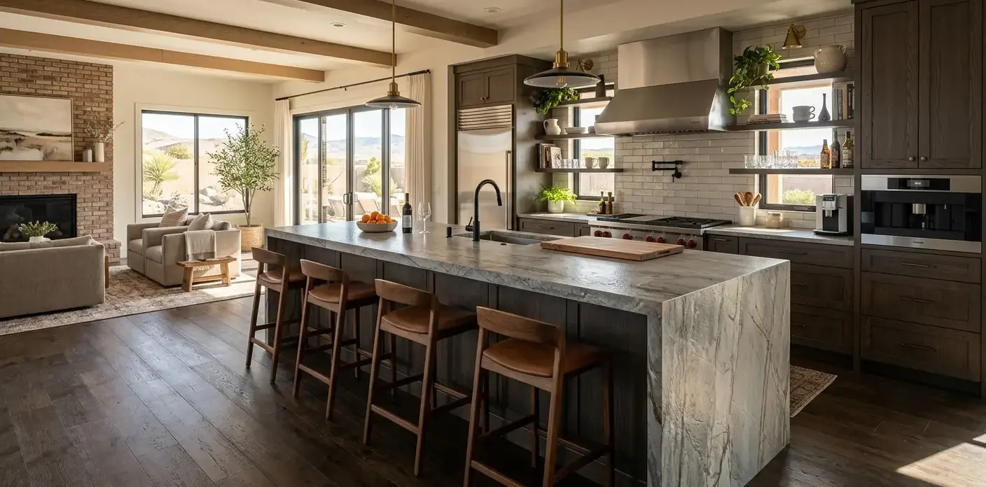 Conceptual rendering of a leathered quartzite bar top with a waterfall edge detail in an open-concept Fernley entertainment space
