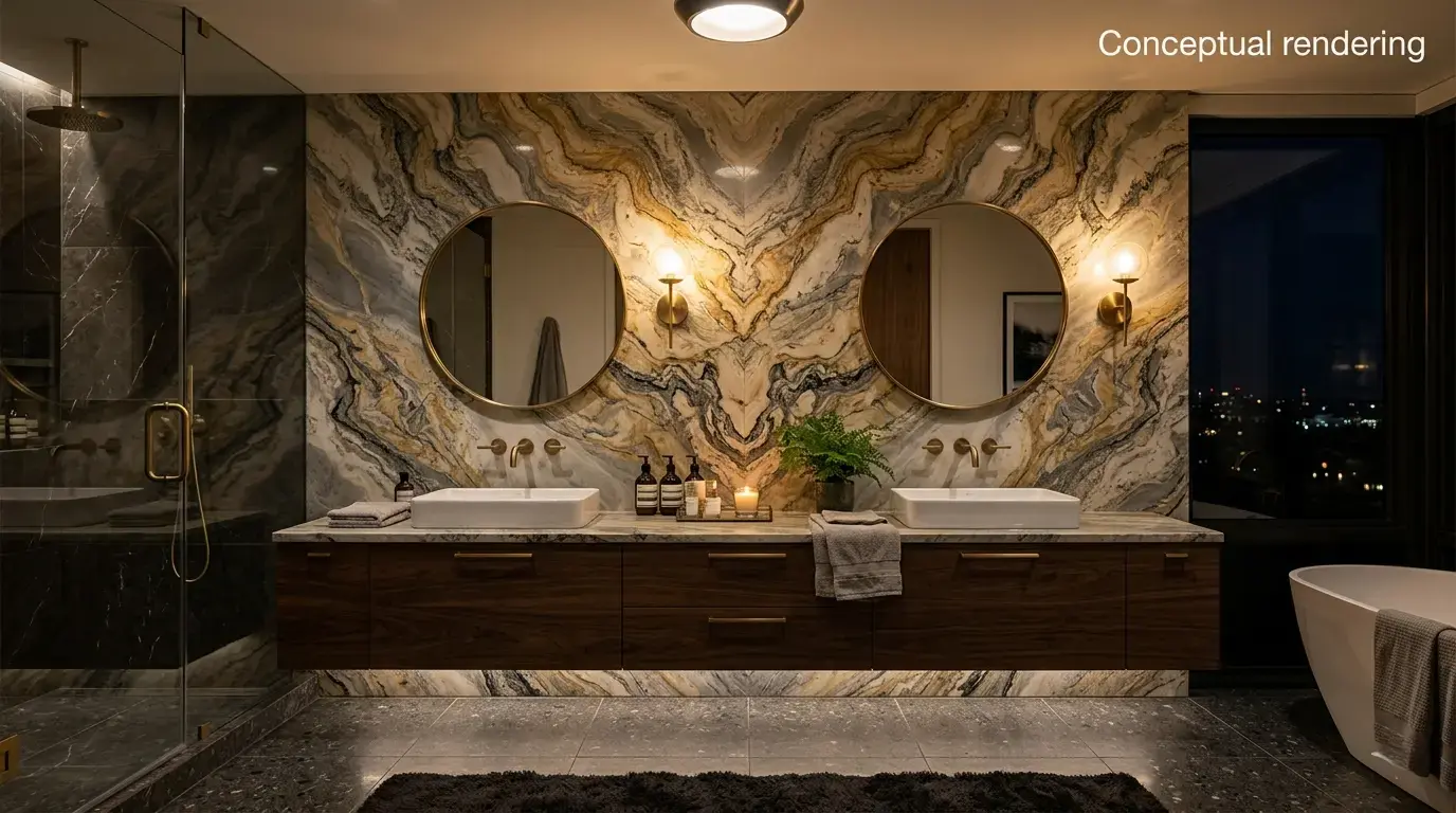 Conceptual rendering of a book-matched quartzite slab backsplash in a modern bathroom