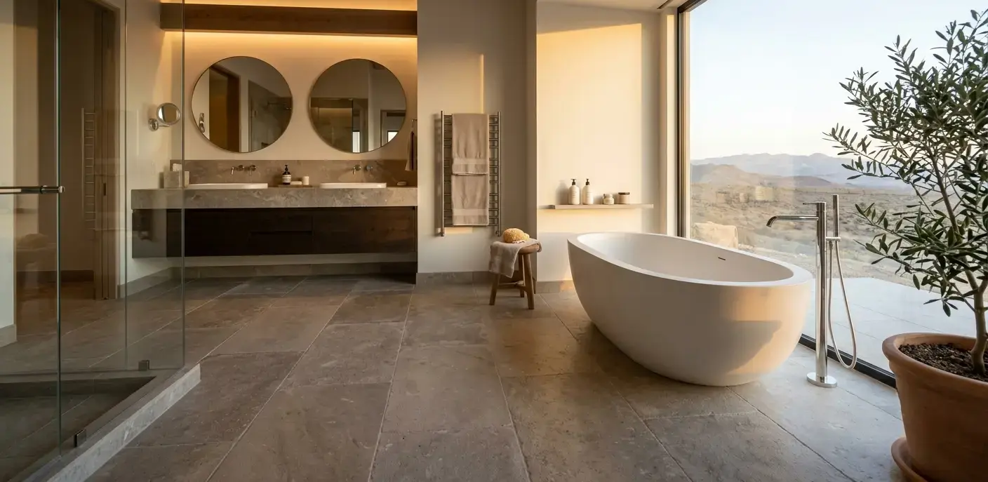 Conceptual rendering of a Fernley bathroom featuring honed natural stone floor tile and a freestanding white soaking tub