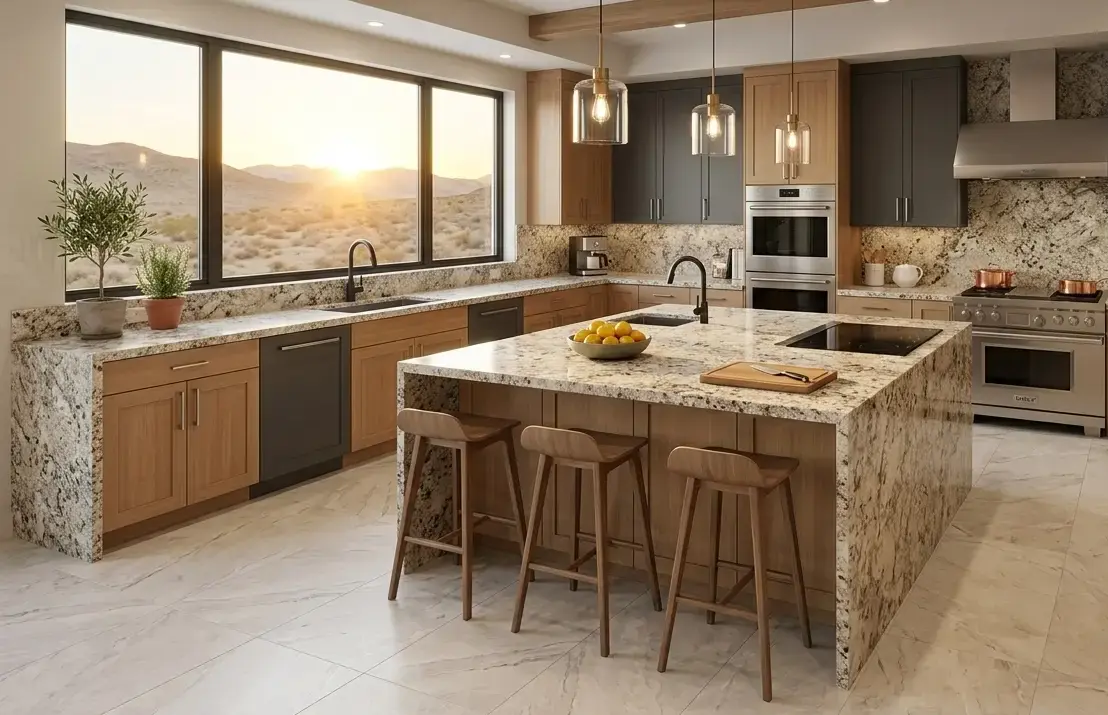Conceptual rendering of a Fernley home kitchen with large-format porcelain tile flooring and matching granite countertop surfaces