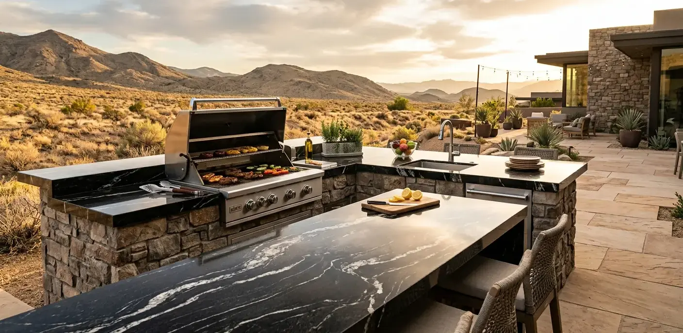 Conceptual rendering of a UV-stable polished granite outdoor kitchen countertop with an integrated grill surround in a Nevada landscape setting