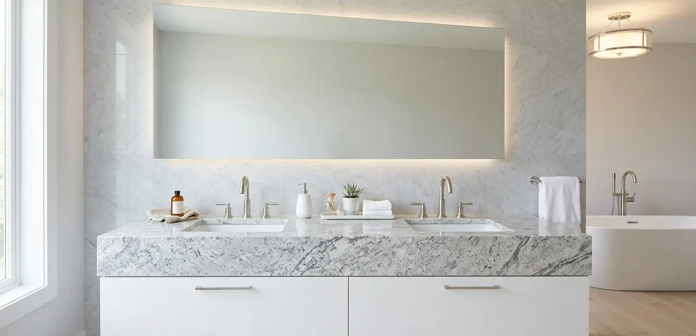 Conceptual rendering of white granite bathroom vanity