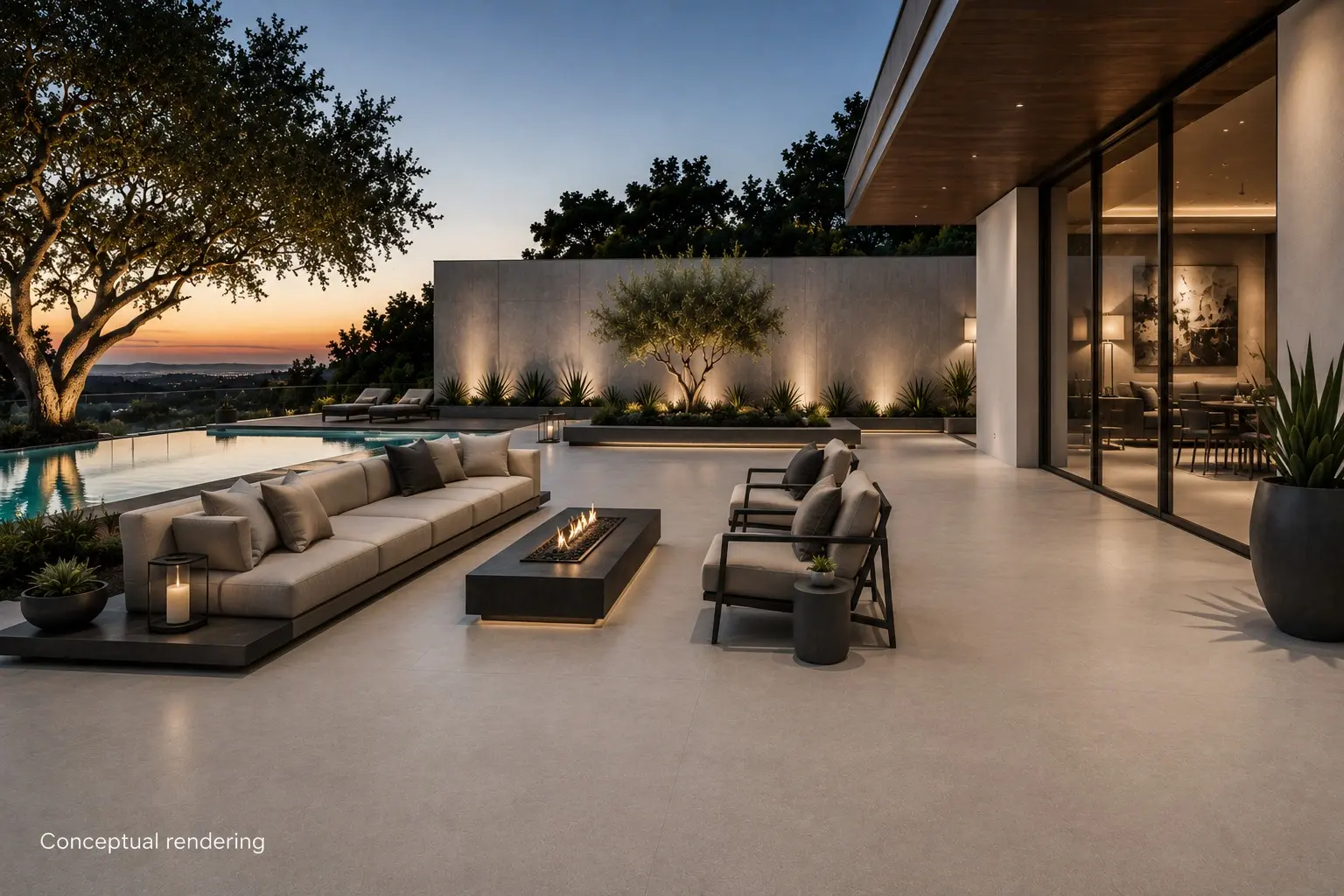 Conceptual rendering of outdoor patio featuring seamless matte sintered slab flooring in a modern architectural setting at Reno, NV