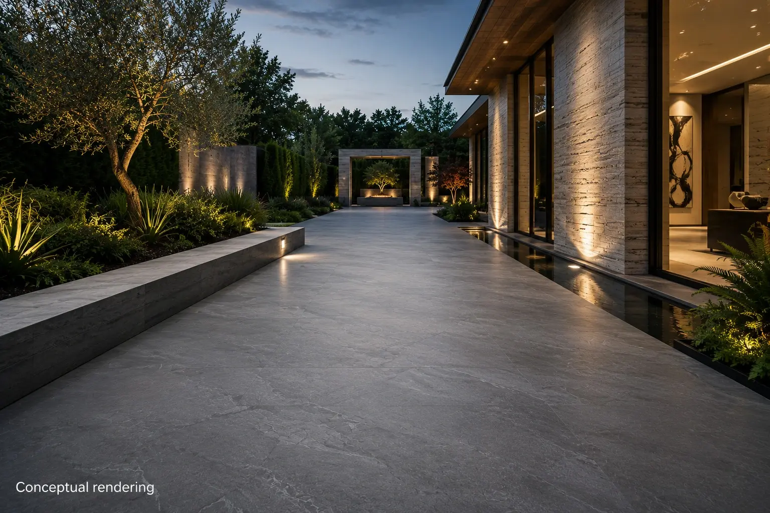 Conceptual rendering of exterior walkway featuring seamless porcelain slate look slabs with modern landscaping and architectural lighting at Reno, NV