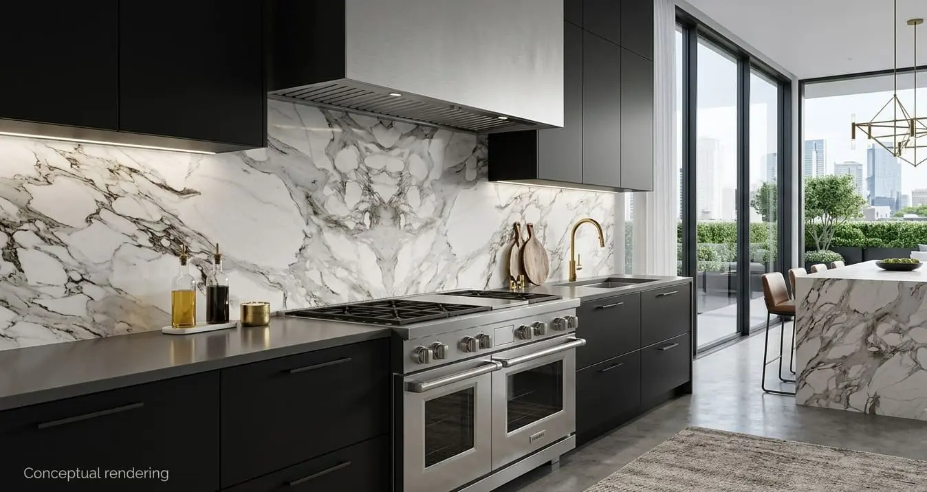 Conceptual rendering of a marble slab backsplash in kitchen