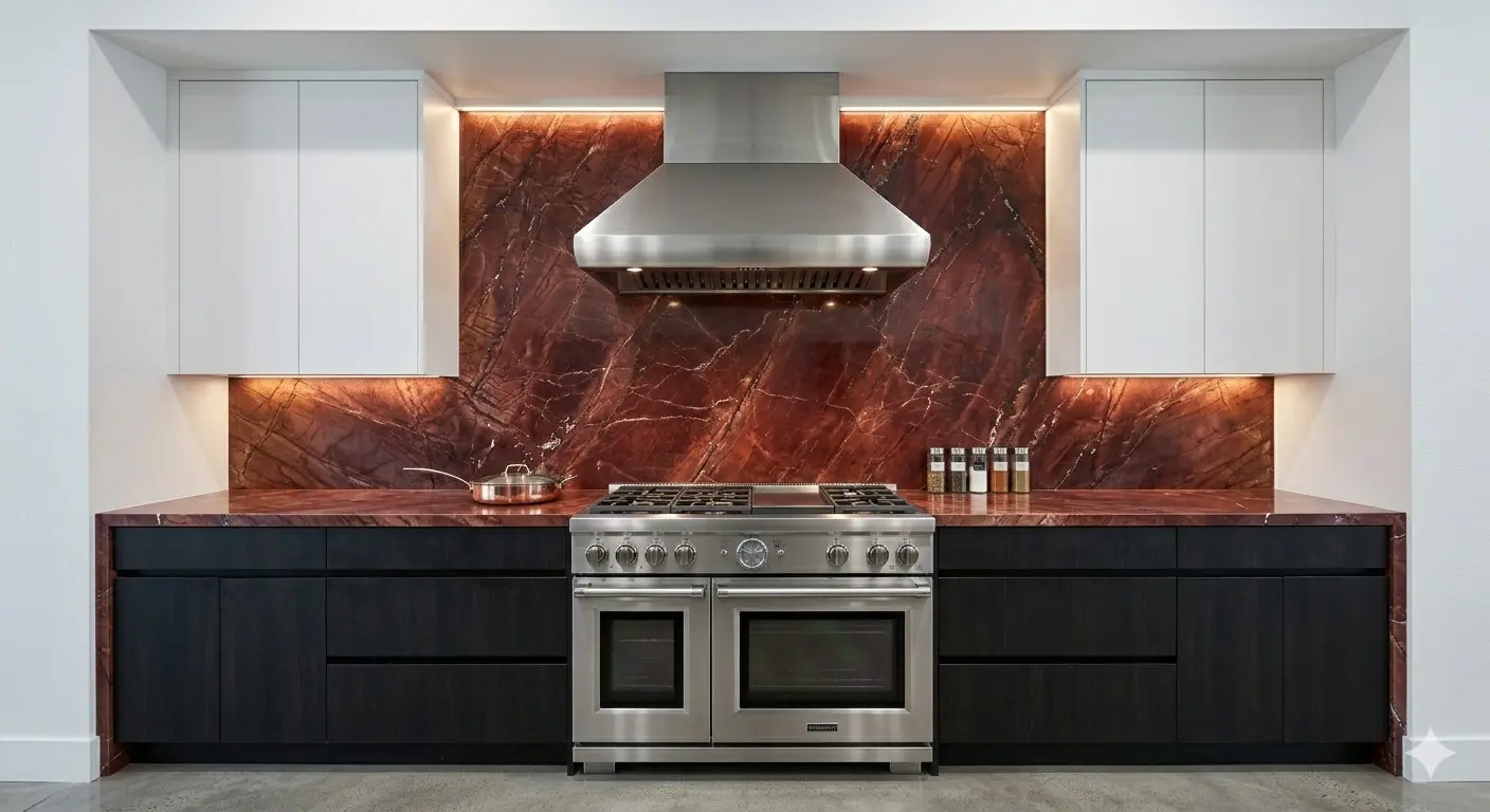 Conceptual rendering of a red quartzite backsplash in kitchen