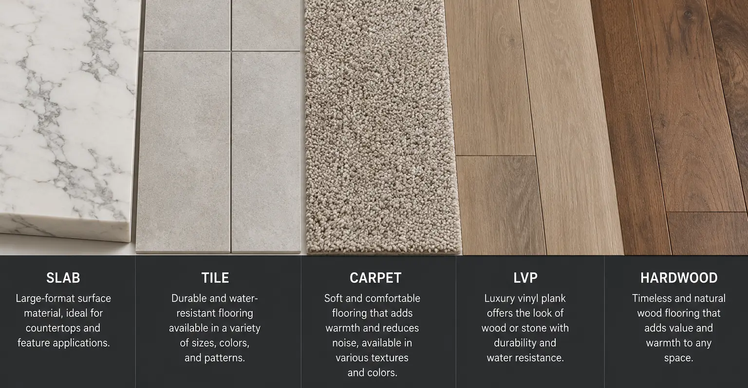 Conceptual rendering of side-by-side samples of slab, tile, carpet, LVP, and hardwood materials at Nova Tile and Stone, Reno showroom