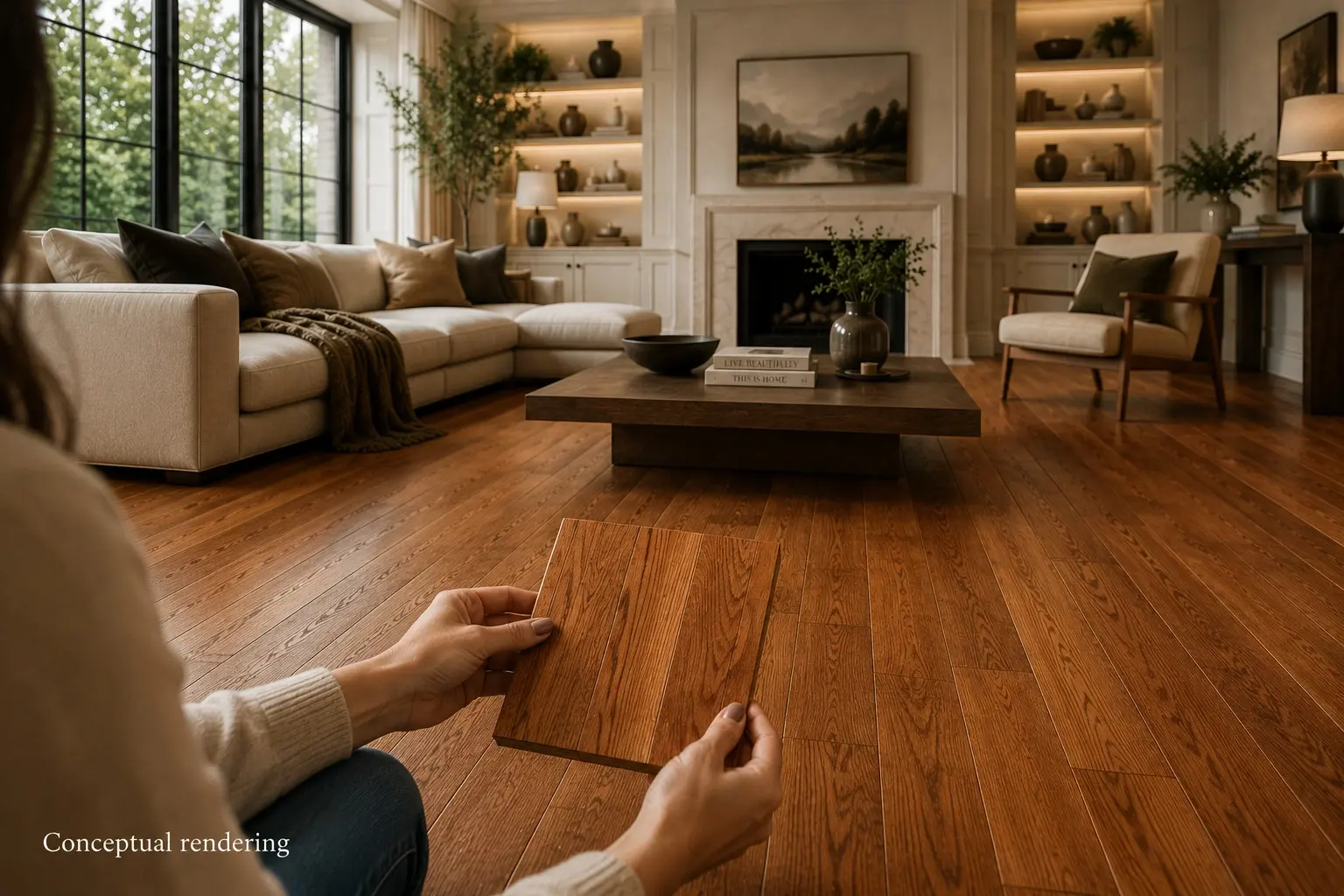 Conceptual rendering of homeowner comparing a hardwood flooring sample to installed hardwood flooring in a modern renovation living room at Reno, NV