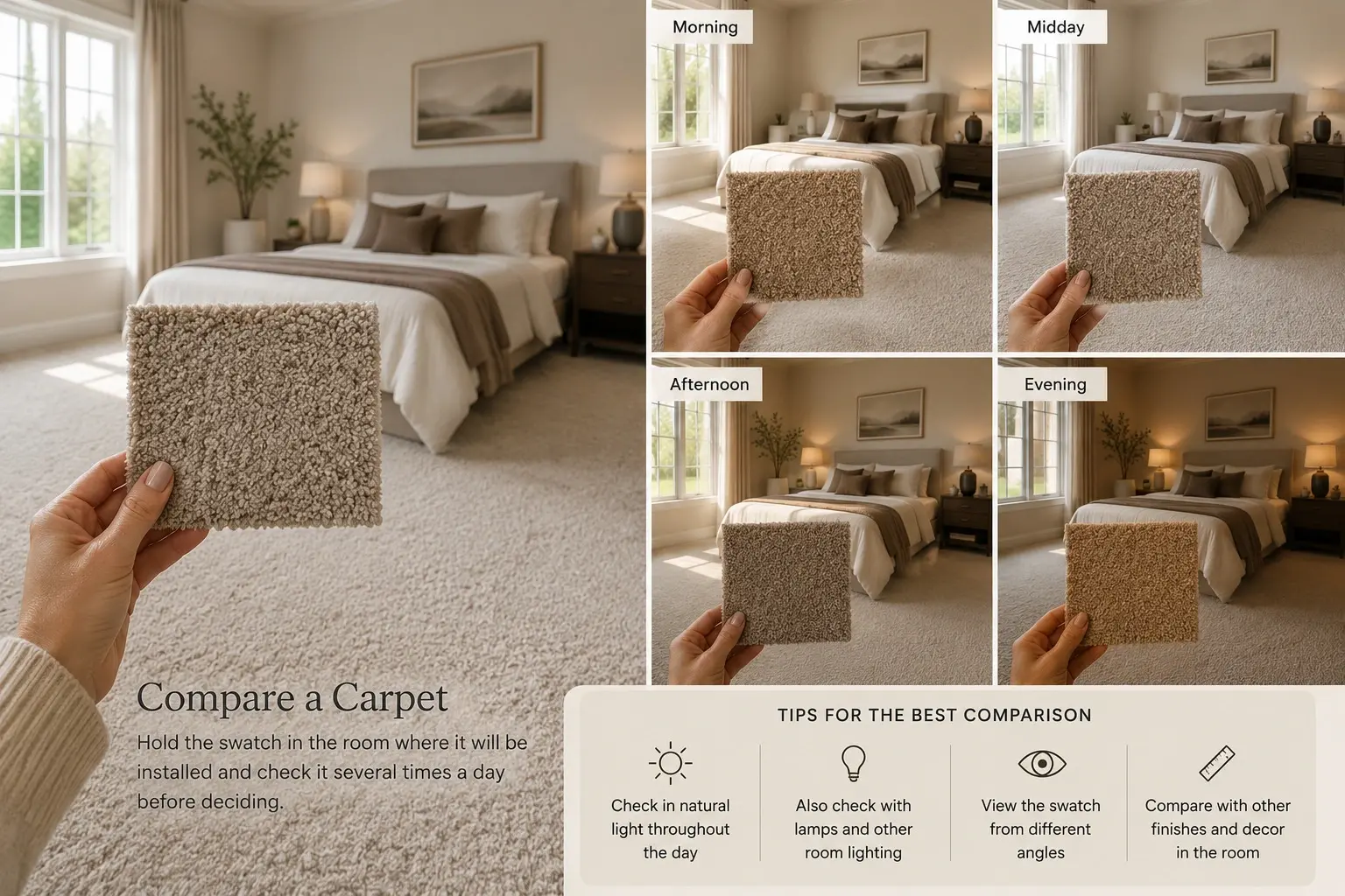 Conceptual rendering of homeowner comparing a carpet swatch in a luxury bedroom under different lighting conditions before installation at Reno, NV