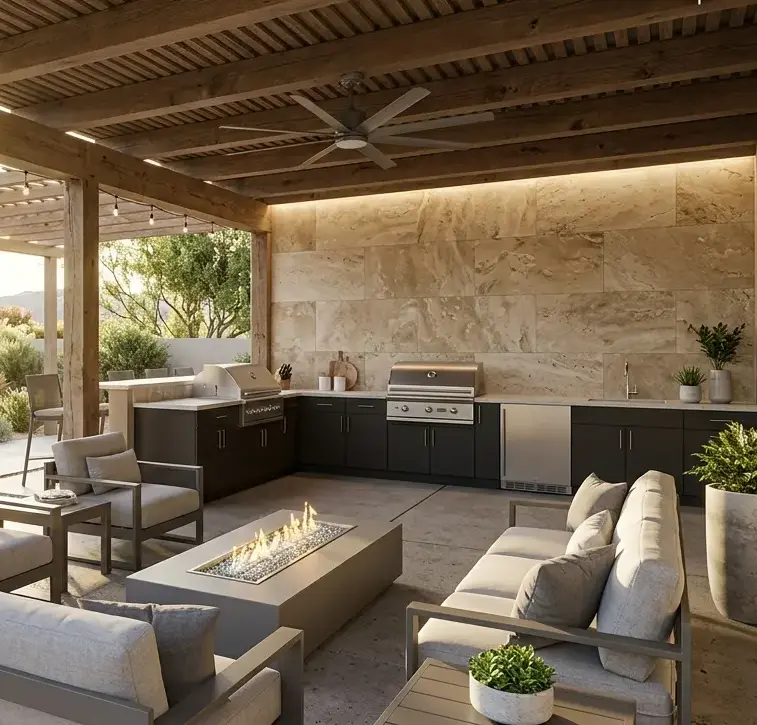 Conceptual rendering of a shaded outdoor patio accent wall clad in honed travertine within a covered Fernley outdoor living space