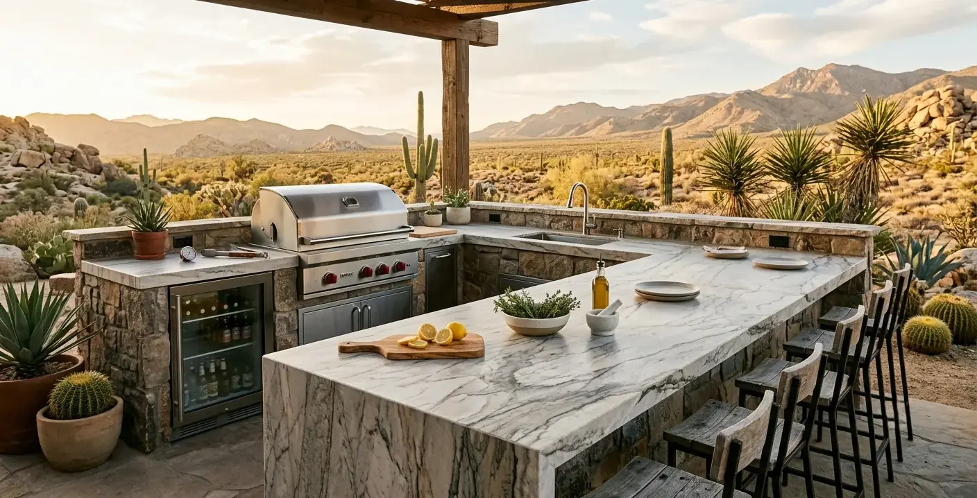Conceptual rendering of an outdoor kitchen countertop finished in leathered quartzite with natural veining set against a desert landscape backdrop