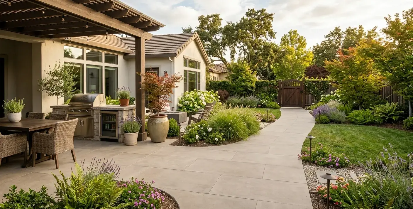 Conceptual rendering of a wide backyard walkway covered in large-format matte porcelain slab in a neutral stone tone connecting a patio to a gate