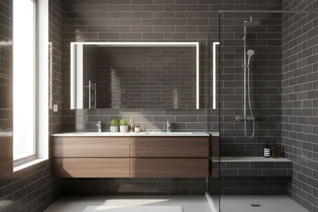 Conceptual rendering of 6x24 porcelain tile on bathroom