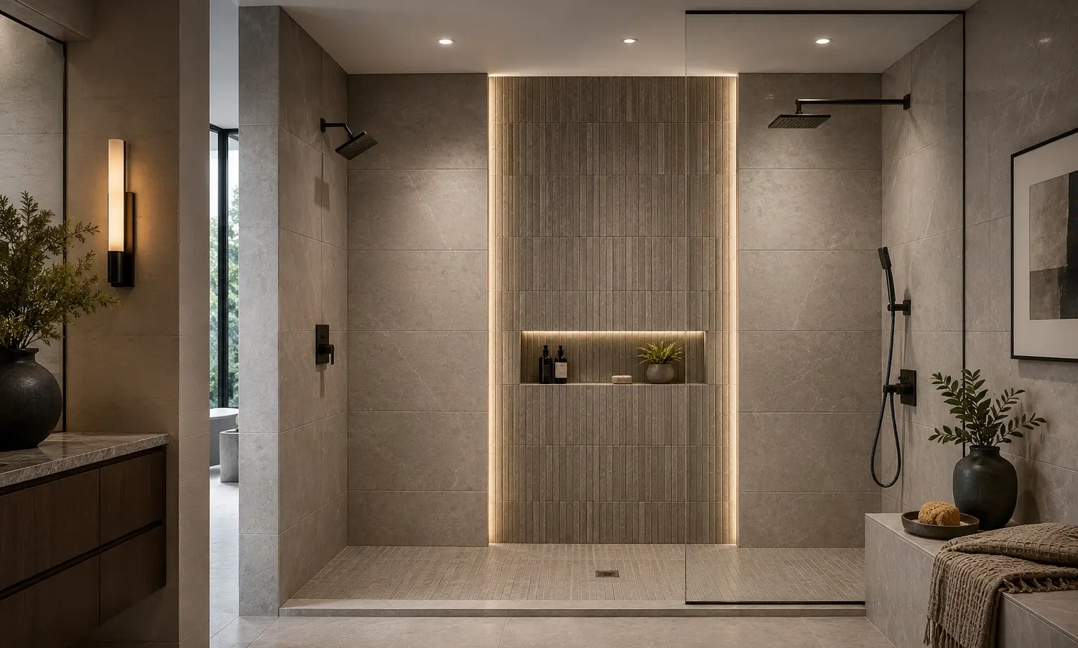 Conceptual rendering of luxury modern shower with premium tile accent wall and large-format tile installation at Reno, NV home