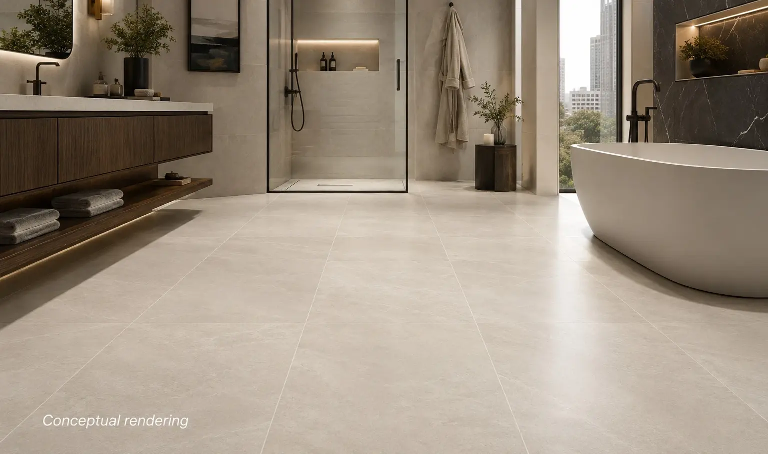 Conceptual rendering of modern bathroom with perfectly installed floor tile located at Reno, Nevada