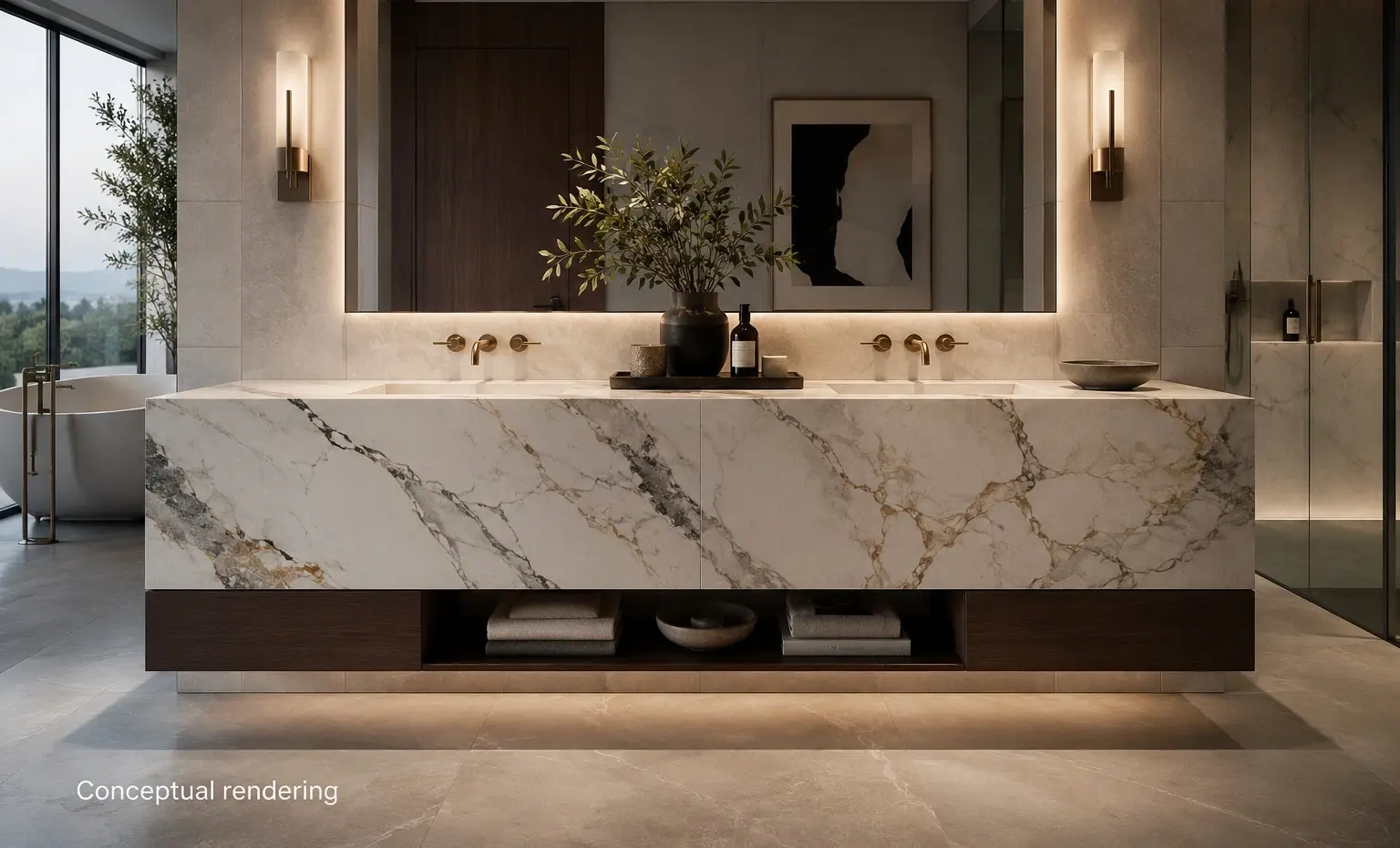 Conceptual rendering of bathroom vanity in Reno with seamless slab countertop in a modern design