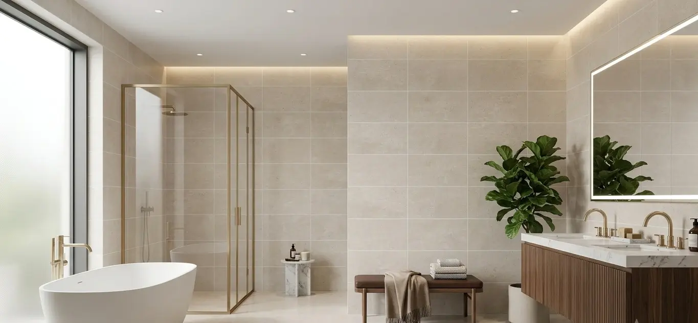 A modern Reno, NV home bathroom featuring beige porcelain tile, a free-standing tub, and gold fixtures